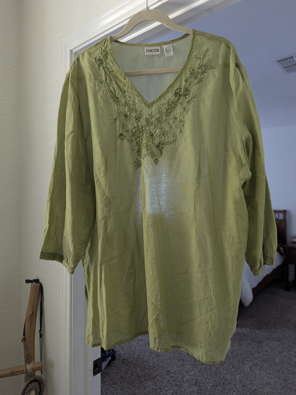 Chico's Light Olive Embroidered V-Neck Tunic